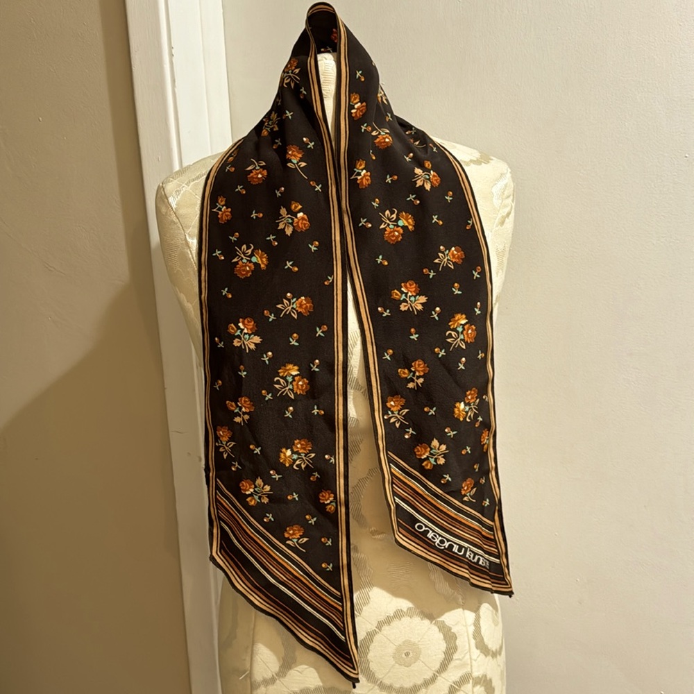 Emanuel Ungaro Silk Vintage Brown Flowers Stripes Lovely 60’s 70’s Skinny Scarf - Picture 11 of 13